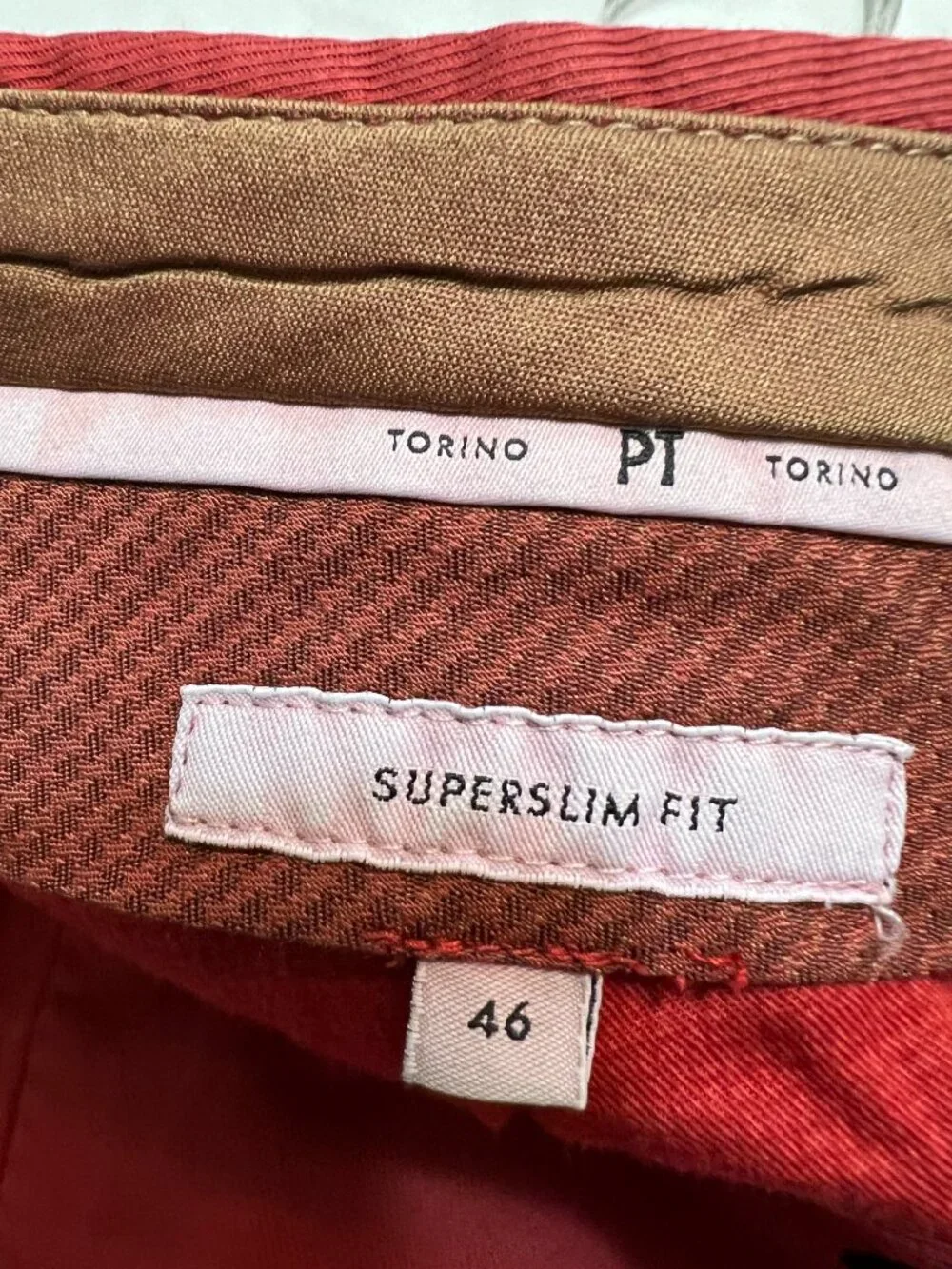 PT Torino Chino Pants Cotton Red Brown Waist 30 Superslim Fit Stretch Flat Front